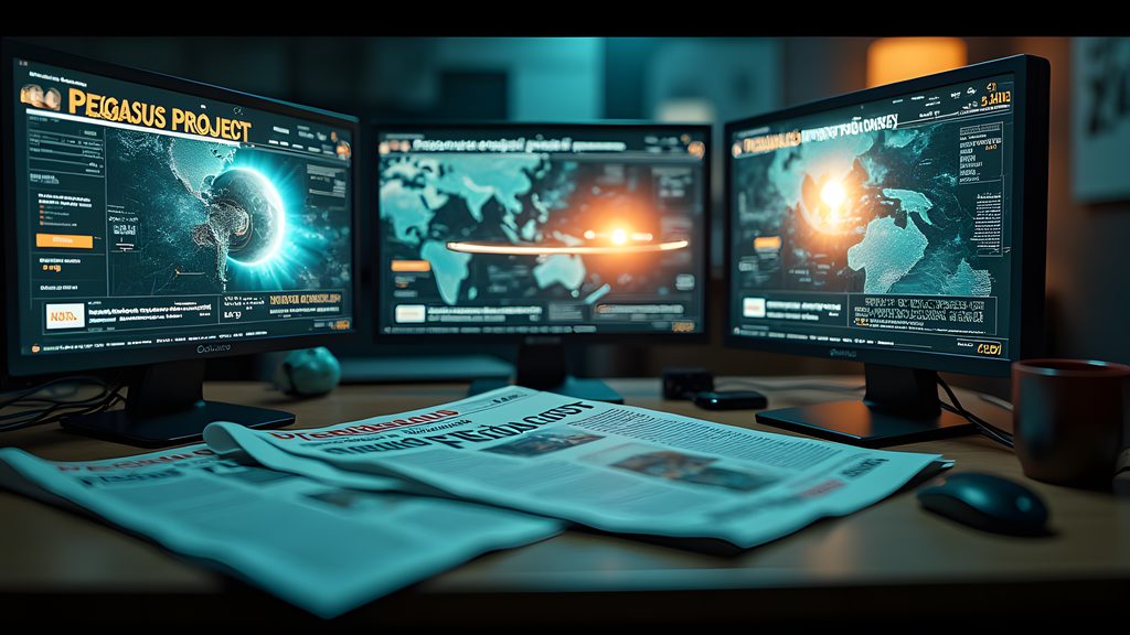 A collection of international newspaper front pages and digital news screens prominently displaying the "Pegasus Project" headline and the p...