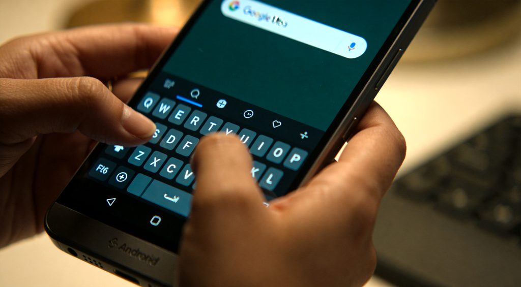 Multiple modern smartphones (like iPhones and Androids) are laid out on a sterile, grey metal desk in an official