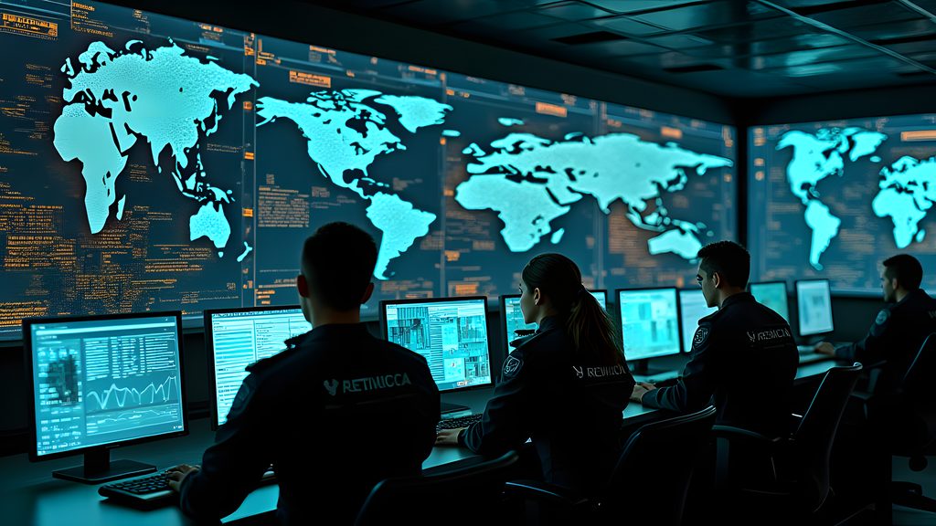 An ultra-modern, secure signals intelligence operations center. Walls of glowing monitors display intricate cyber network maps