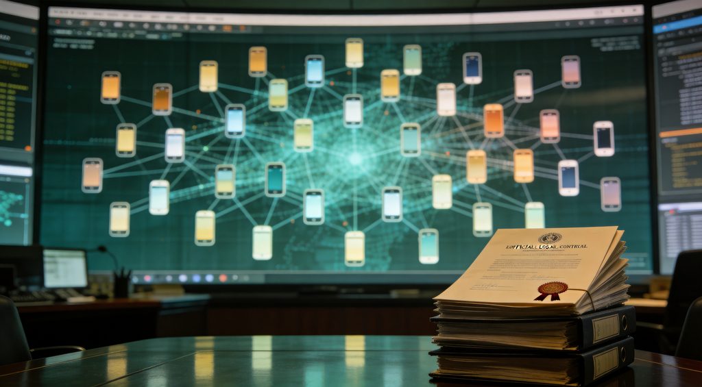 An expansive, secure command center filled with advanced computing equipment and large display screens showing real-time global network acti...
