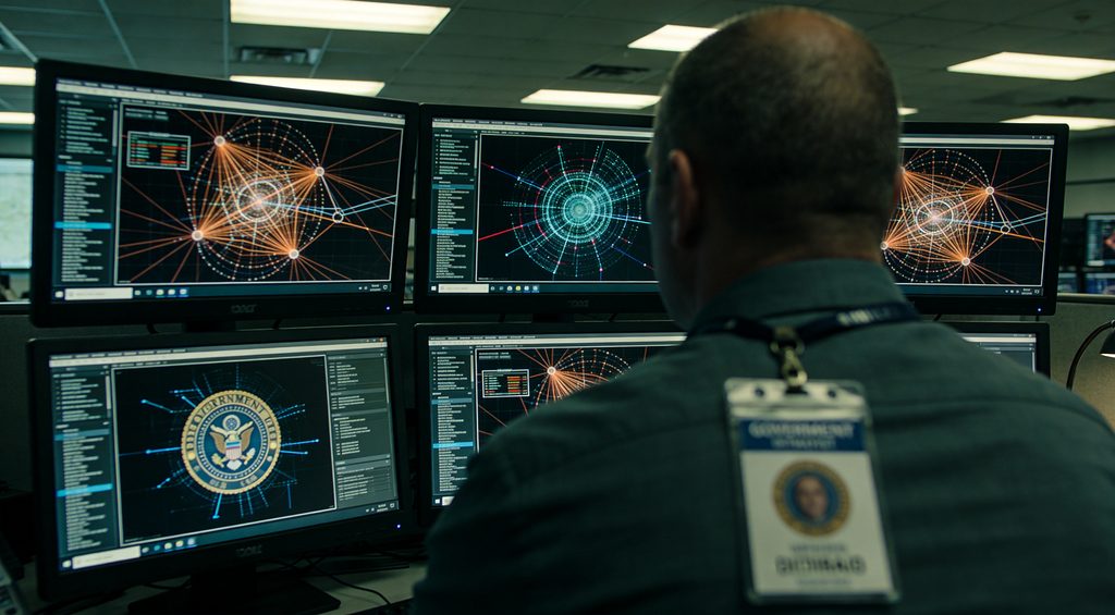 A small, elite team of focused software engineers, appearing highly disciplined and exceptionally skilled, work intently in a clandestine