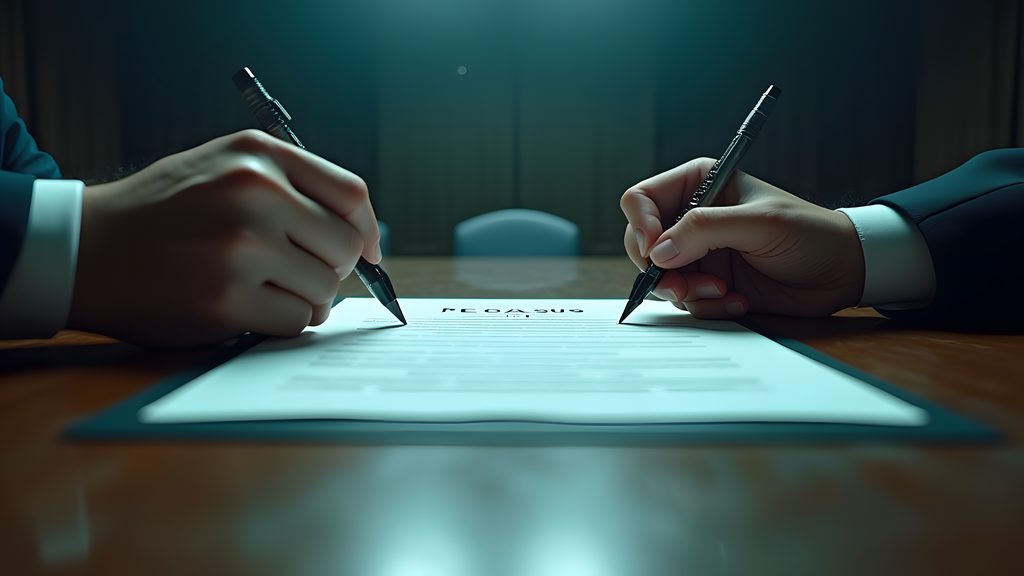 A dramatic dutch angle captures a close-up of two professional hands signing a formal contract document across a polished conference table