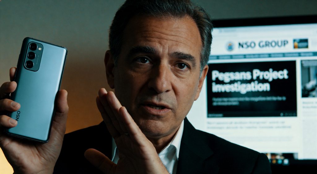 Close-up on Omar Abdulaziz's smartphone screen displaying a WhatsApp chat interface. The chat is visibly corrupted and fragmented