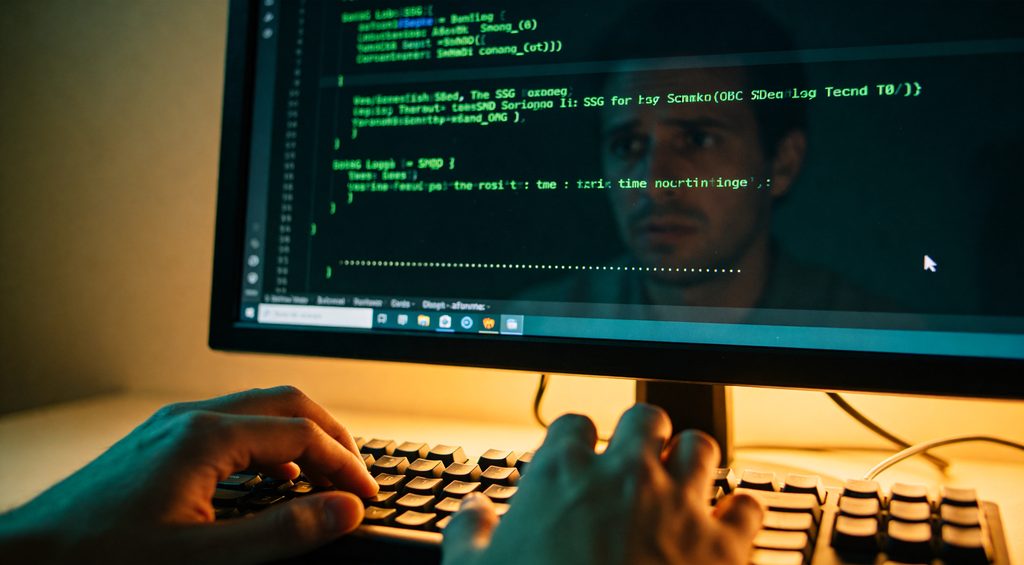 A Microsoft engineer's home workstation at night, dual monitors showing terminal windows and database benchmark output
