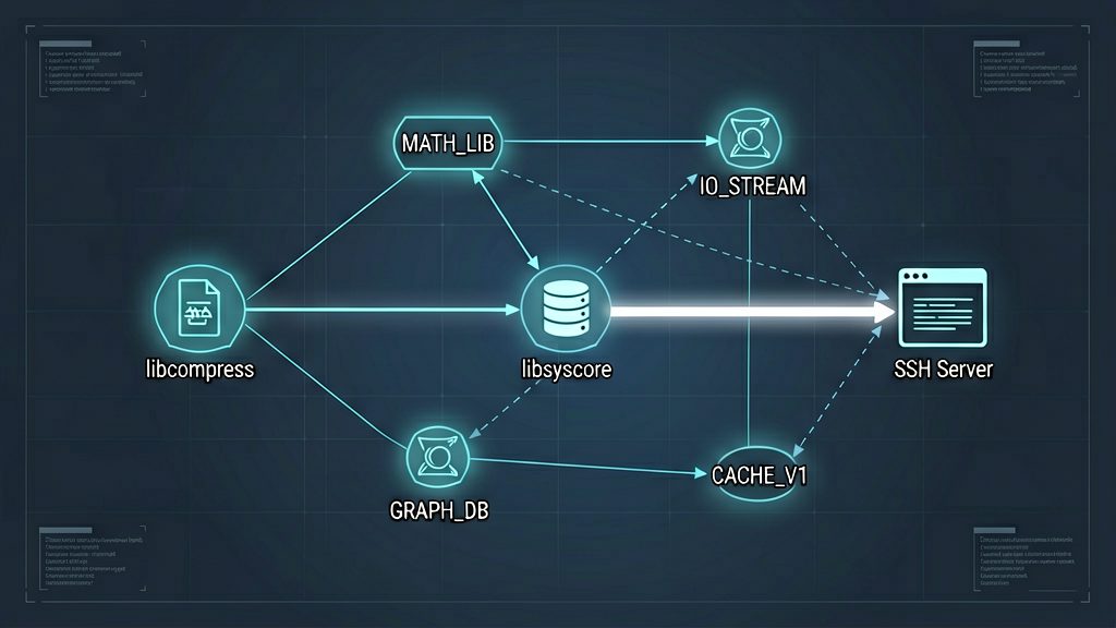 An abstract dependency graph rendered in cold blue light, showing interconnected nodes representing software libraries
