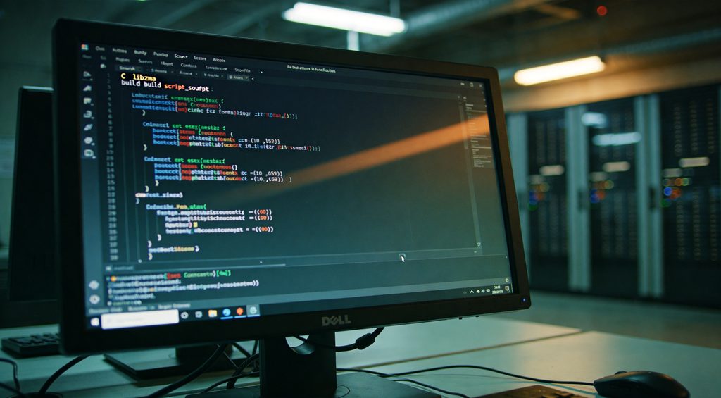 A macro close-up of obfuscated shell script code on a terminal window, characters rendered sharply against a black background