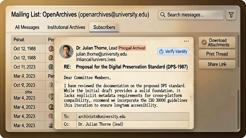 A professional recreation of an email thread in a mailing list interface, the lead maintainer's reply visible on screen