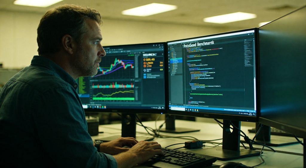 A close-up on a monitor displaying PostgreSQL benchmarking results. Subtle, almost imperceptible glitches flicker across the data