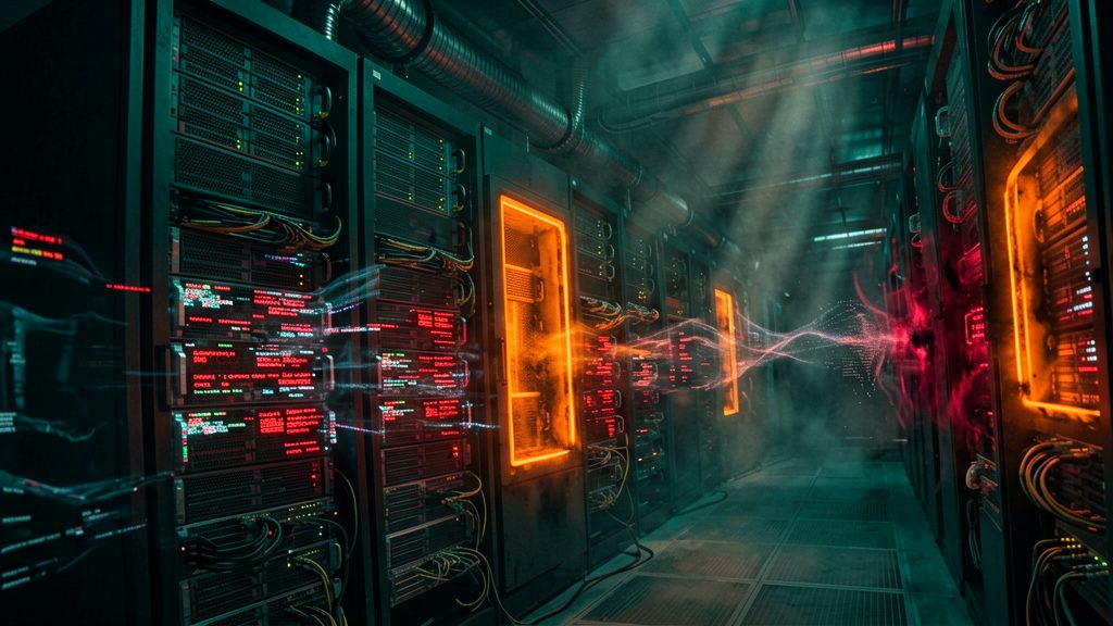 A dutch angle wide shot looking across multiple server racks. Specific lights on several units glow an unusual, deep red or unstable orange