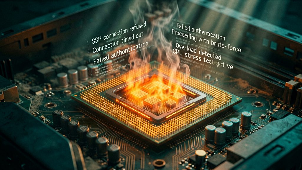 A macro shot inside a server casing, focusing on a glowing CPU unit. Wisps of digital 'heat' or energy emanate from it