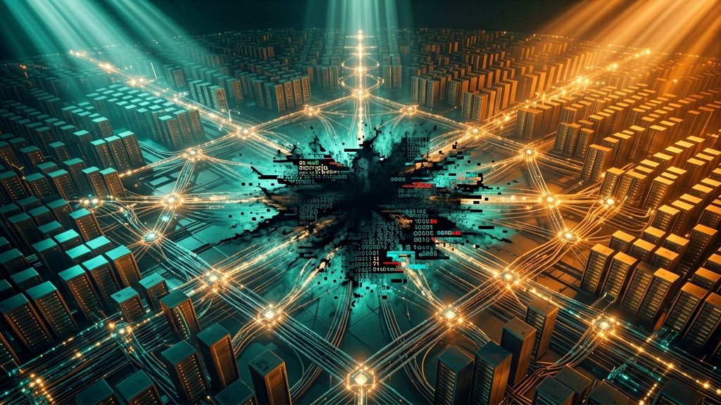 An overhead wide shot looking down on a vast, interconnected digital landscape of data cables and server farms, stretching to the horizon