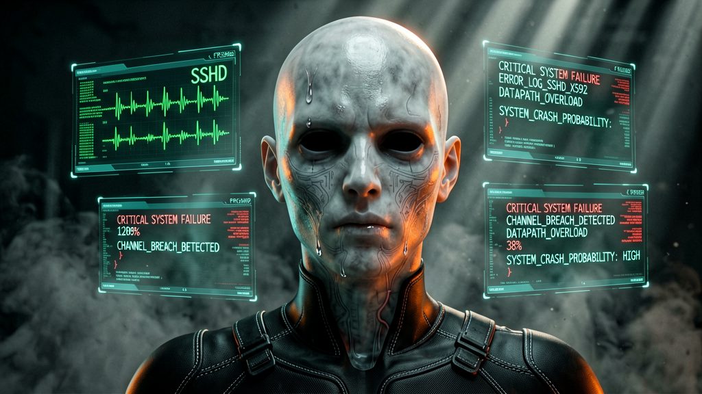 Close-up on the pale humanoid figure with hollow void-black eye sockets, translucent ashen skin showing faint circuit-pattern veins beneath