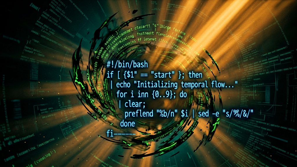 Overhead shot looking down into a swirling, chaotic digital maelstrom where fragmented lines of code