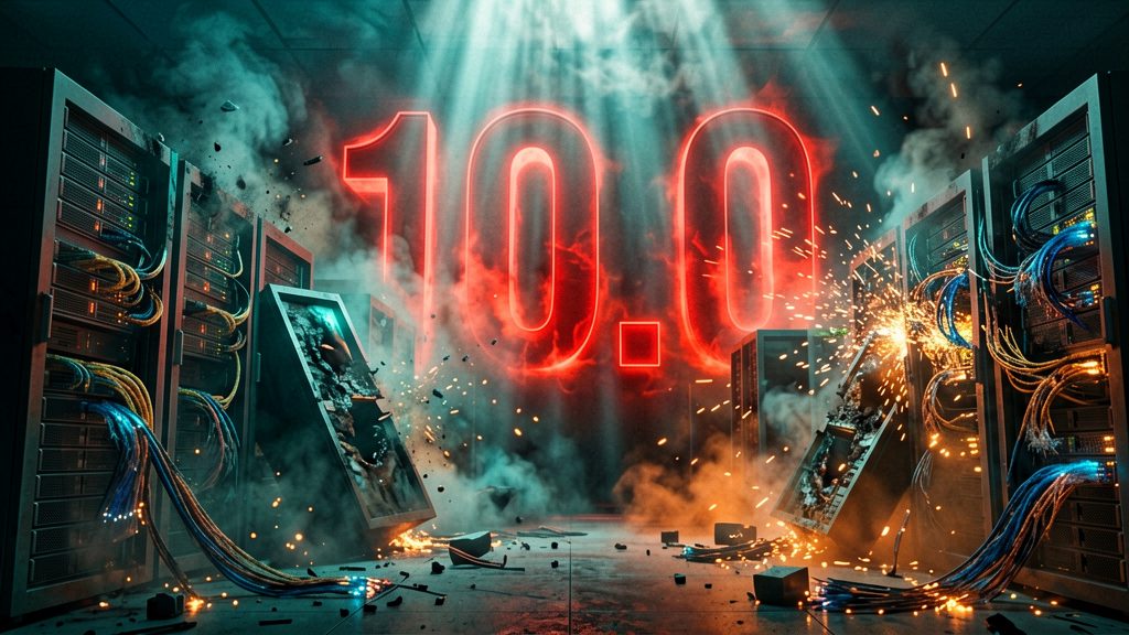 A wide shot revealing a desolate, dark digital landscape where massive server racks are sparking, crumbling, and failing
