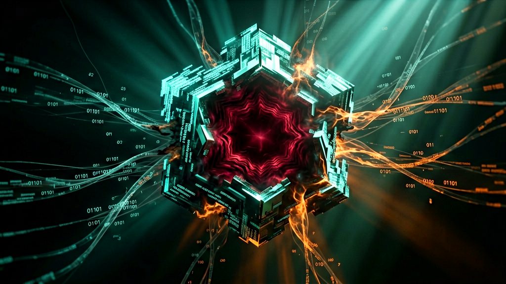 A macro shot of a central, complex, geometrically impossible object, formed from corrupted data and shimmering with dark energy