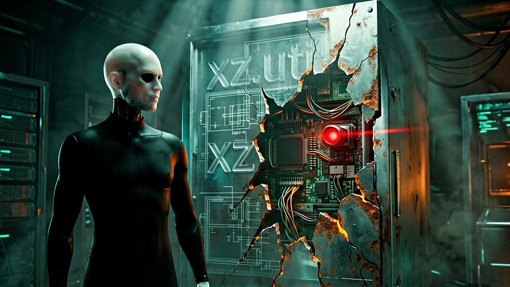 A vast, monolithic server rack, its surface etched with the subtle symbol "xz-utils," appears as a cracked, vulnerable target