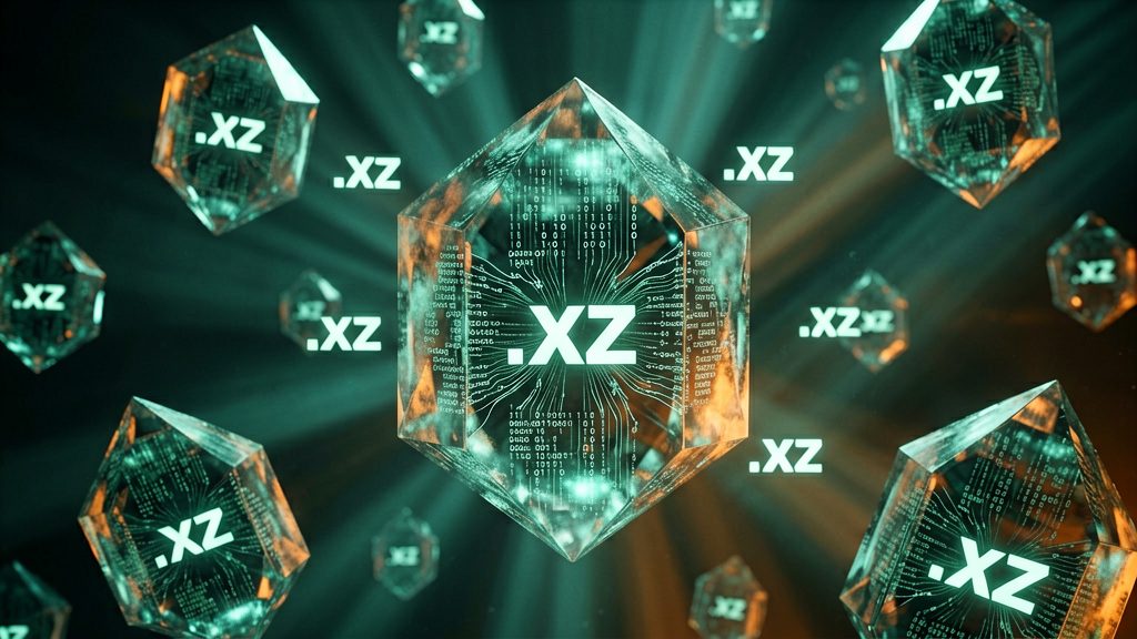 A cluster of crystalline, multi-faceted digital structures, each pulsing with internal light and labeled '.xz', floats in a void