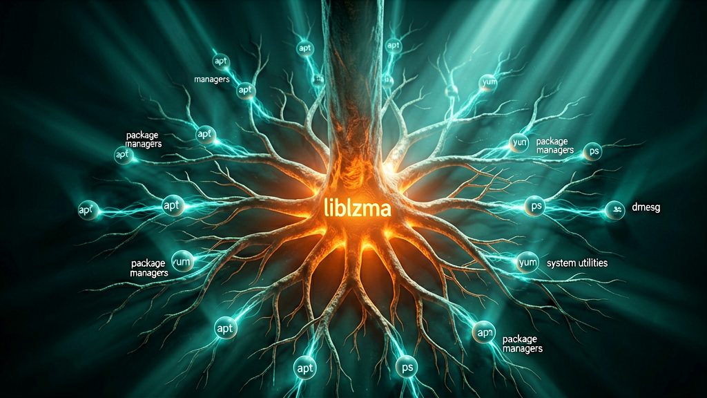 An intricate, glowing digital root system spreads out from a central core labeled "liblzma