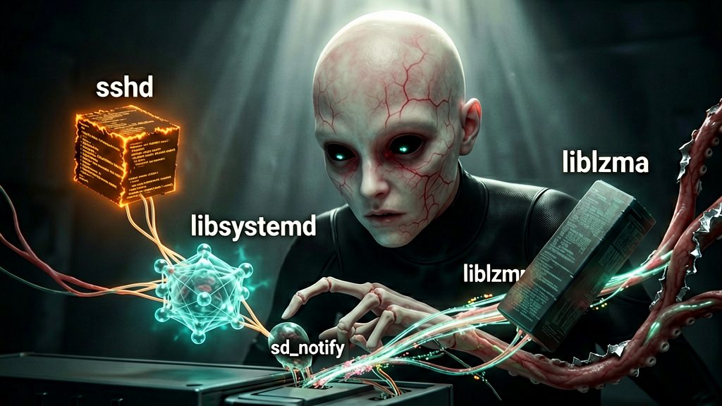 A series of biomechanical, glowing tendrils connect three distinct, stylized digital entities labeled "sshd," "libsystemd," and "liblzma