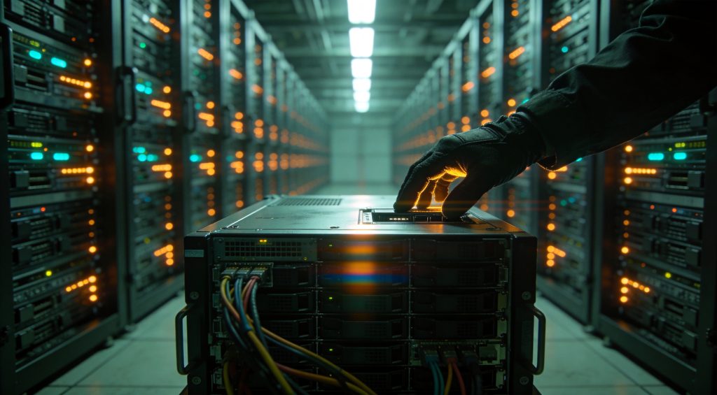 Endless rows of cold, metallic server racks fill a massive, cavernous data center, their indicator lights blinking in a monotonous rhythm