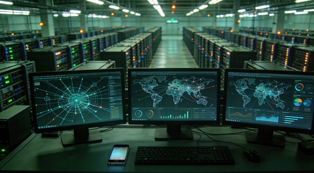 An industrial-scale tangle of interconnected, rusted pipes and conduits, representing "Linux system software," all feed into a colossal
