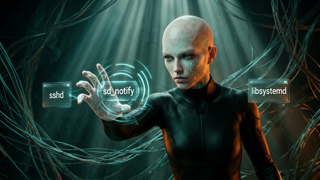 A digital "patch" icon, radiating with a distinct signal labeled "sd_notify," hovers in the air