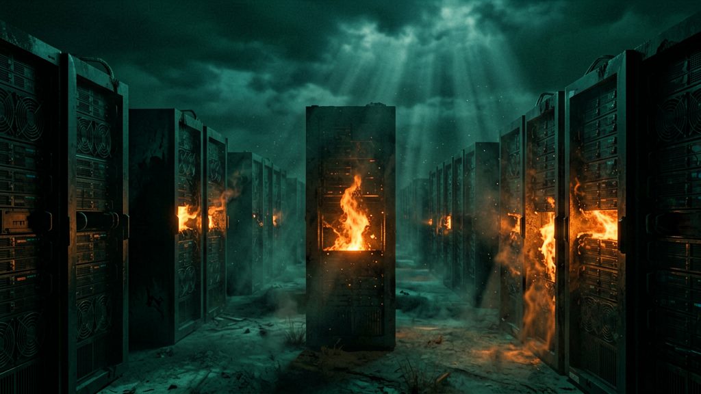 A wide shot of a vast, desolate digital landscape filled with countless monolithic server racks stretching to the horizon