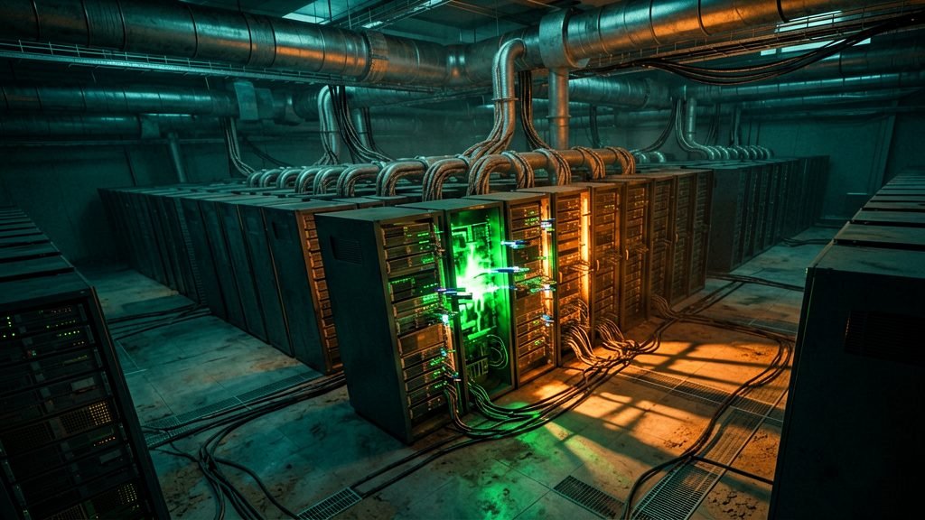 A dutch angle shot of a massive, supercomputer cluster, its intricate cooling pipes and wiring casting long, eerie shadows