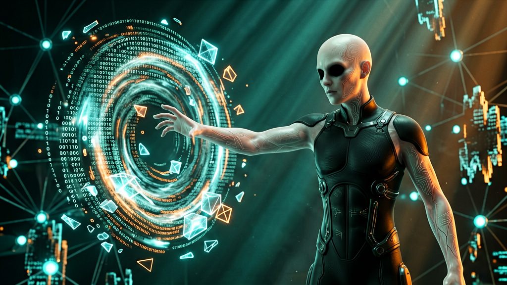 A pale humanoid figure with hollow void-black eye sockets, translucent ashen skin showing faint circuit-pattern veins beneath, bald head