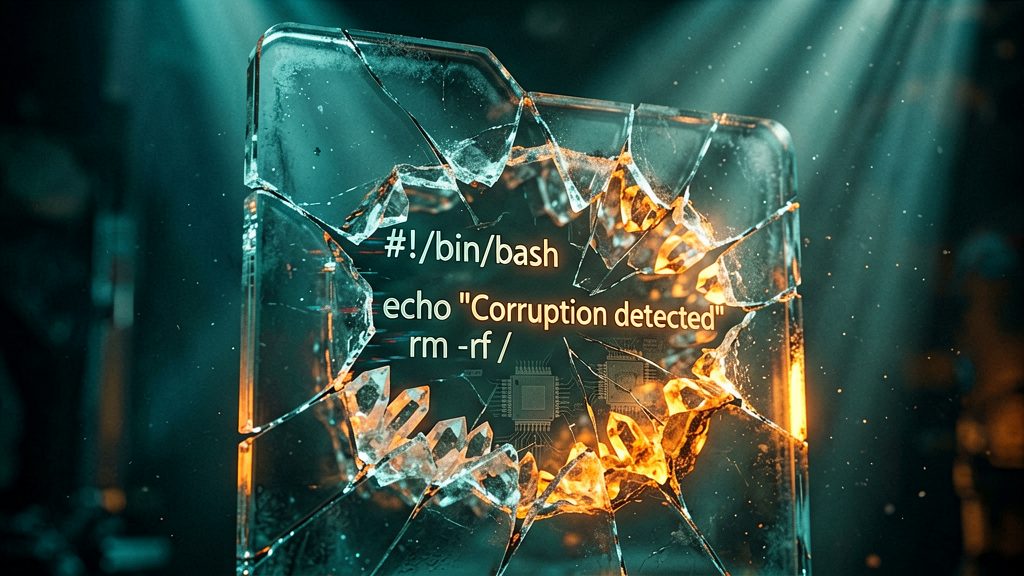 Macro shot focusing on a conceptual digital 'file' labeled as 'corrupt compression test input'
