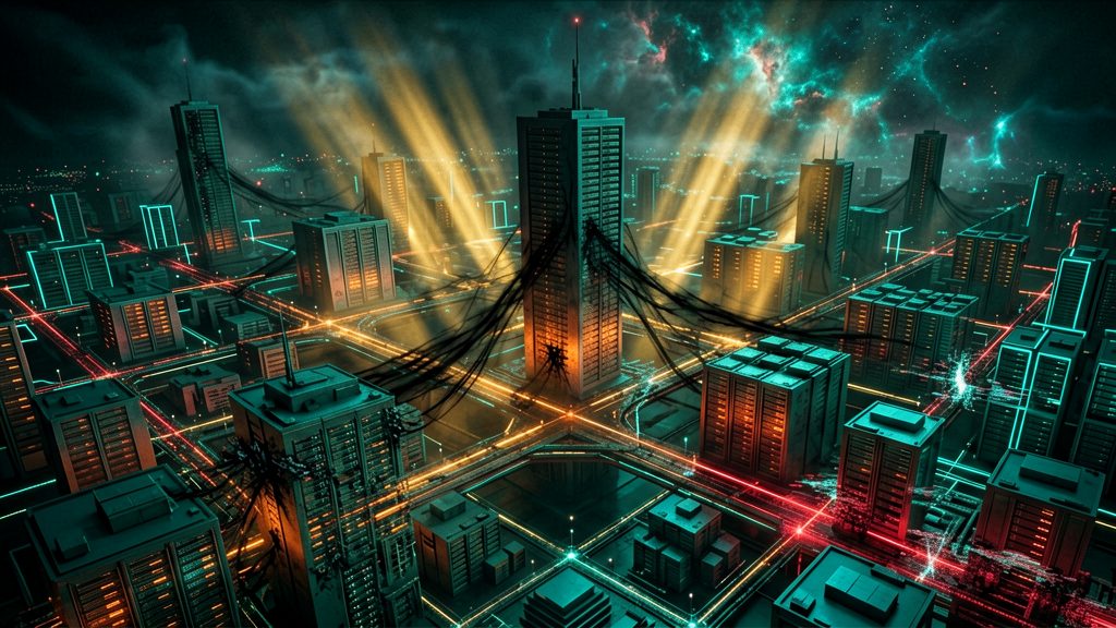 Wide shot of a vast, interconnected digital city landscape, representing the myriad of 'Linux distributions'. From numerous central towers