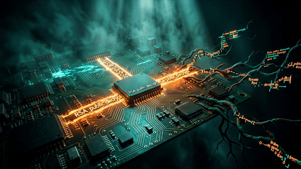 A wide shot of a vast, monolithic digital circuit board, bathed in an eerie glow. A prominent