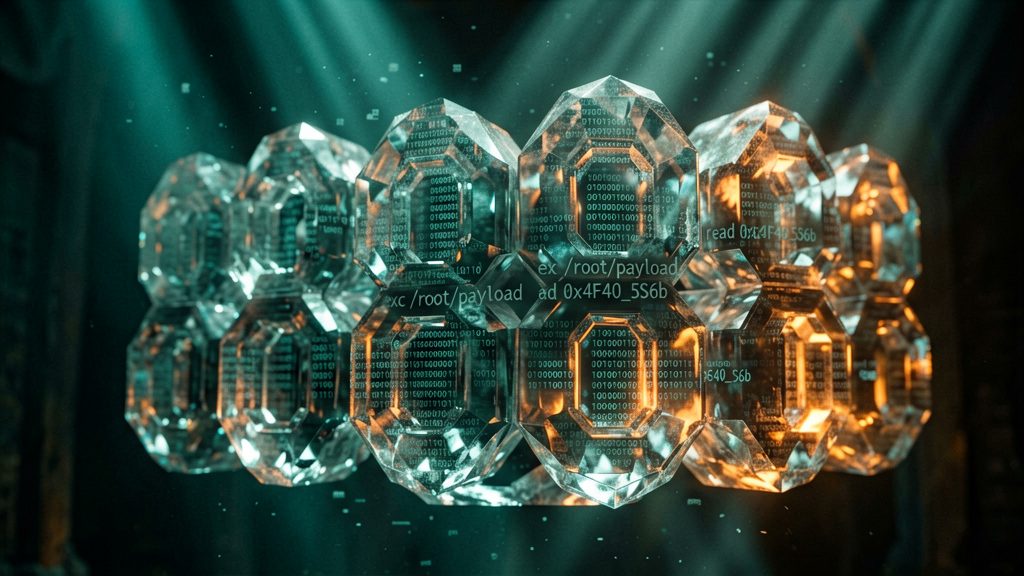 A close-up macro shot of a gigantic, translucent crystalline structure, resembling a vast integer value. Within its shimmering depths