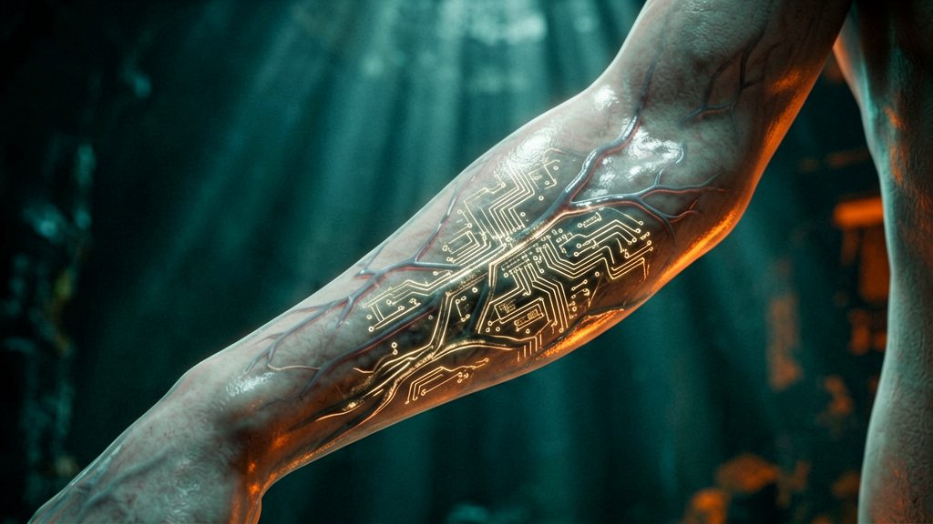 A macro shot, extreme close-up on the pale humanoid figure's forearm. The translucent ashen skin is visible, revealing intricate