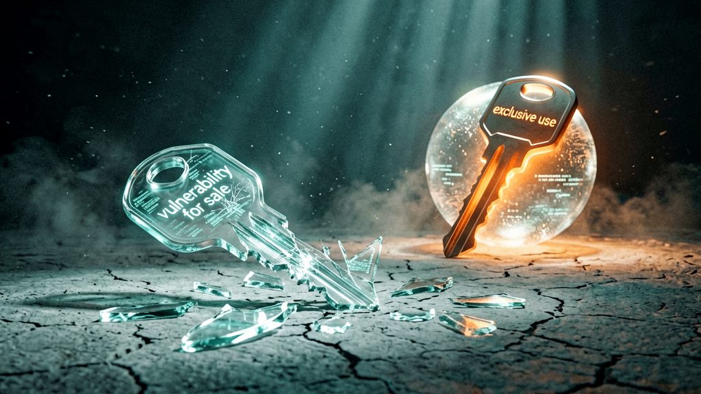A wide shot showing a sharp contrast between two abstract, glowing keys. One key is fragmented into countless shards