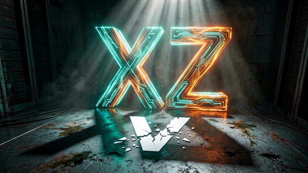 A cinematic Dutch angle looking down at a large, menacing, glowing 'XZ' symbol, constructed from interwoven, razor-sharp digital threads