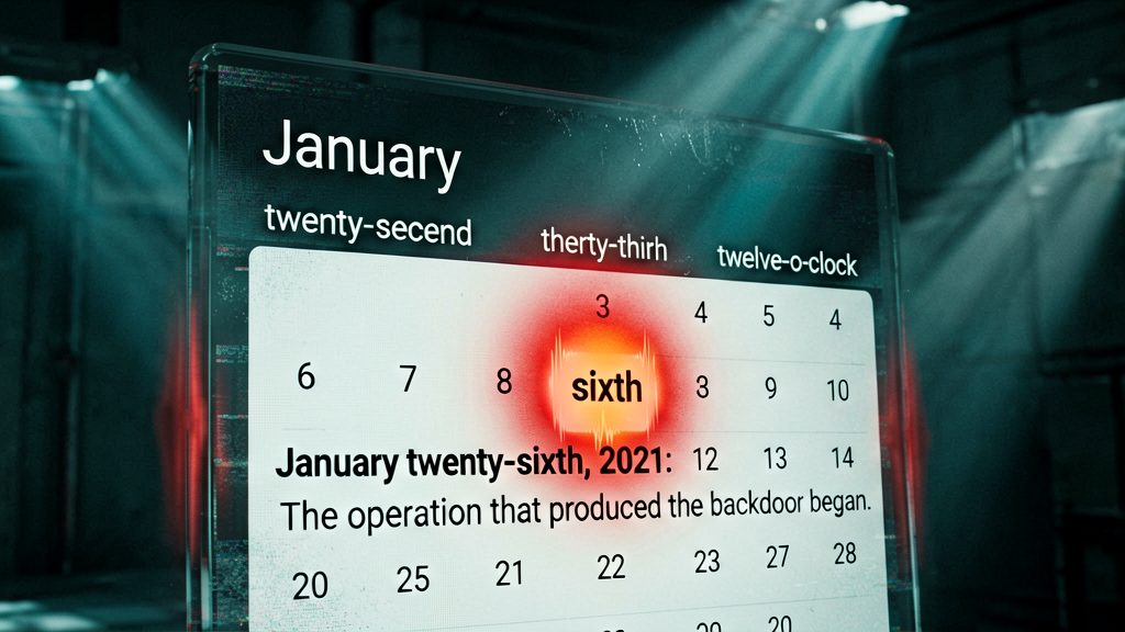 A close-up on a minimalist, cold digital calendar display, its stark white numbers flickering with subtle static