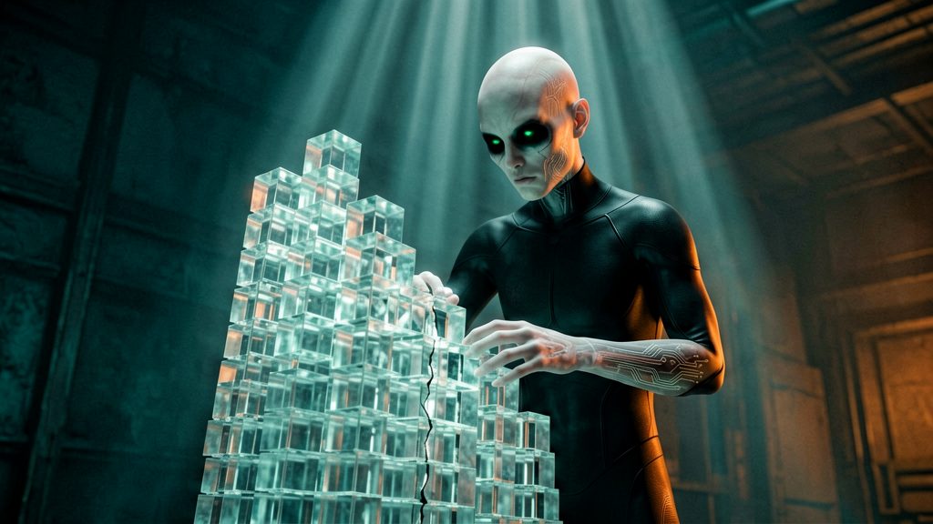 A pale humanoid figure with hollow void-black eye sockets, translucent ashen skin showing faint circuit-pattern veins beneath, bald head