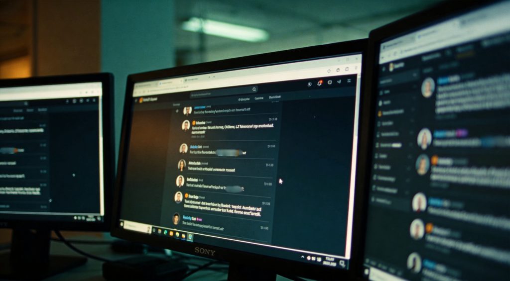In a vast, dimly lit server farm, a pale humanoid figure with hollow void-black eye sockets