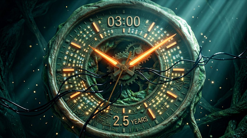 An intricate, almost biological-looking clock face, where the hands are long, glowing circuit traces